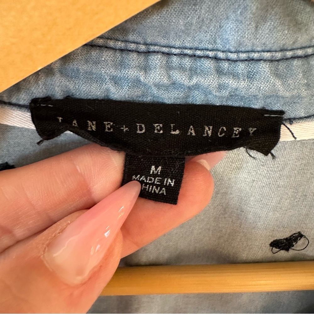 Jane+Delancey Blue Chambray Embroidered Long Sleeve Button Up Jean Dress, M - Picture 2 of 7